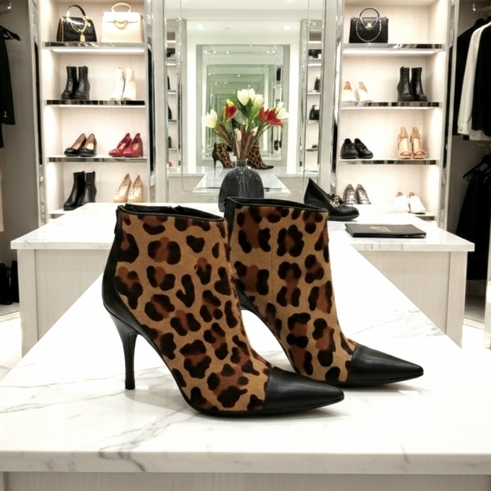 Via Spiga Calf Hair Leopard Print Italian Leather Stiletto Ankle Boots
